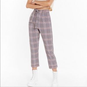 Nasty Gal Plaid High Rise Crop Ankle Belted Tie Waist Trouser Pants Size 8